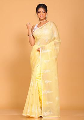 Yellow Embroidered Cotton Net Saree Set