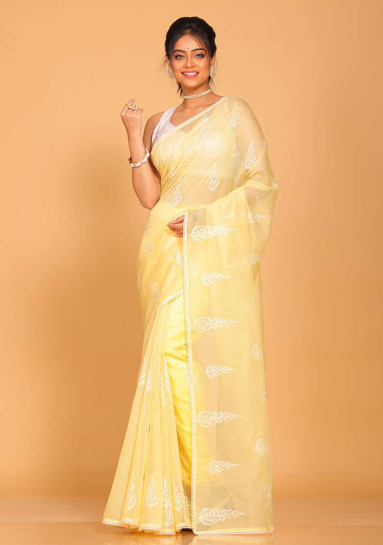 Yellow Net Cotton Saree Set with Embroidered for Diwali | Wedding & Festive Wear - Indya