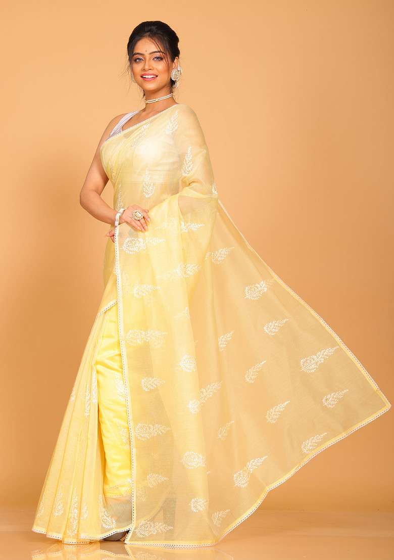 Yellow Net Cotton Saree Set with Embroidered for Diwali | Wedding & Festive Wear - Indya