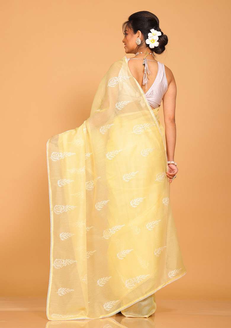 Yellow Net Cotton Saree Set with Embroidered for Diwali | Wedding & Festive Wear - Indya