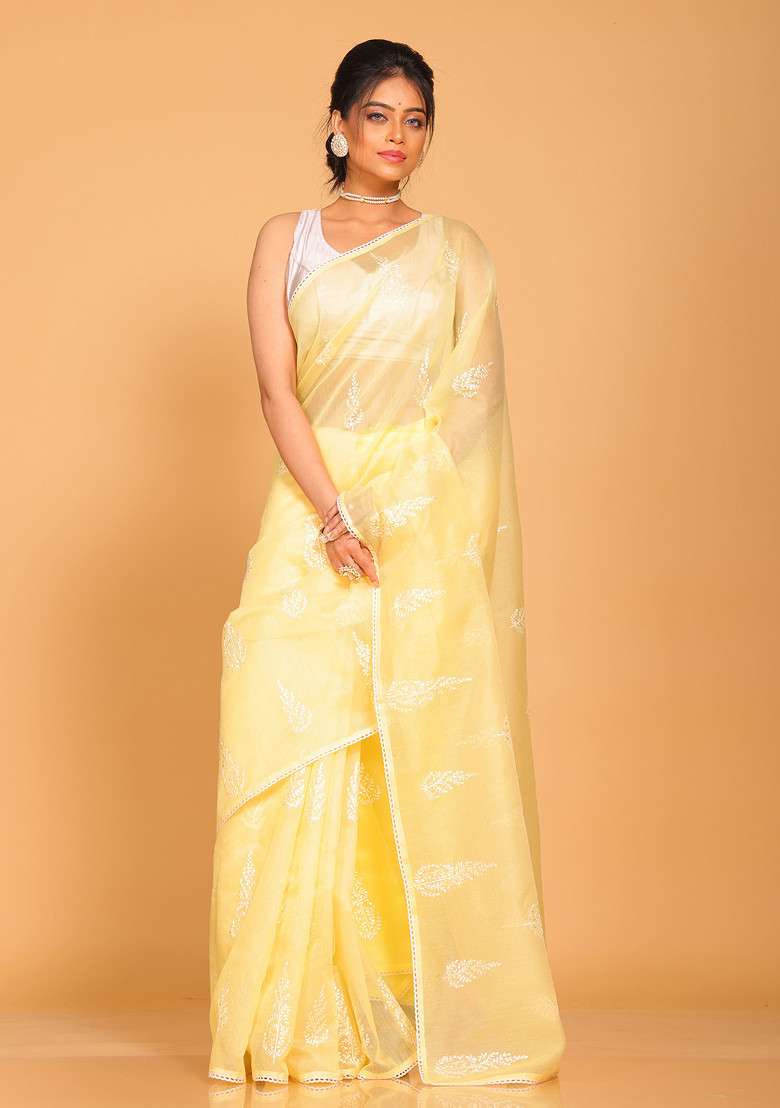 Yellow Net Cotton Saree Set with Embroidered for Diwali | Wedding & Festive Wear - Indya