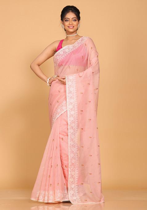 Peach Embroidered Cotton Net Saree Set