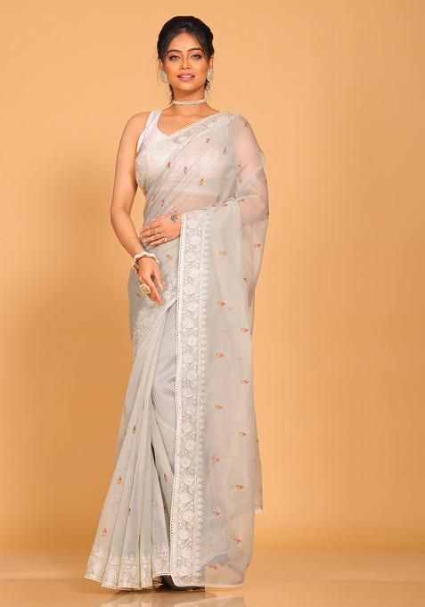 Grey Embroidered Cotton Net Saree Set