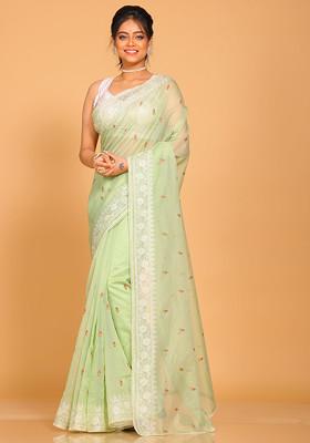Green Embroidered Cotton Net Saree Set