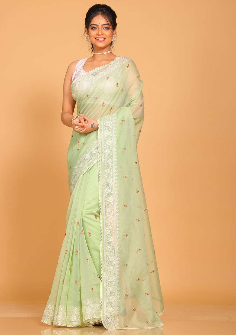 Green Net Cotton Saree Set with Embroidered for Diwali | Wedding & Festive Wear - Indya