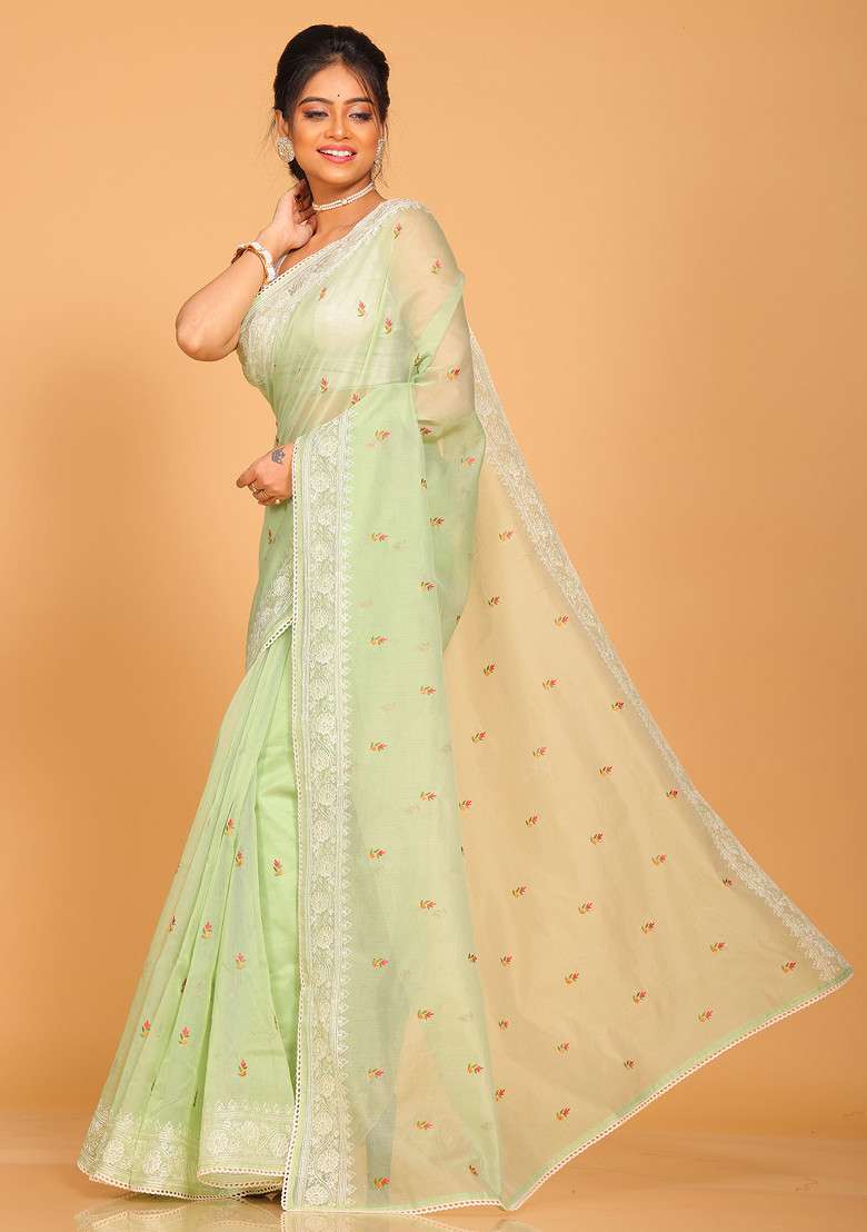 Green Net Cotton Saree Set with Embroidered for Diwali | Wedding & Festive Wear - Indya