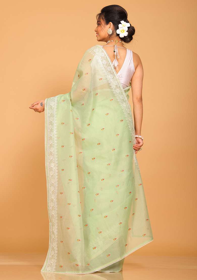 Green Net Cotton Saree Set with Embroidered for Diwali | Wedding & Festive Wear - Indya