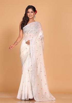 Off White Embroidered Cotton Net Saree Set