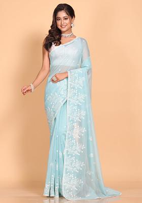 Sky Blue Embroidered Cotton Net Saree Set