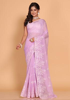 Purple Embroidered Cotton Net Saree Set
