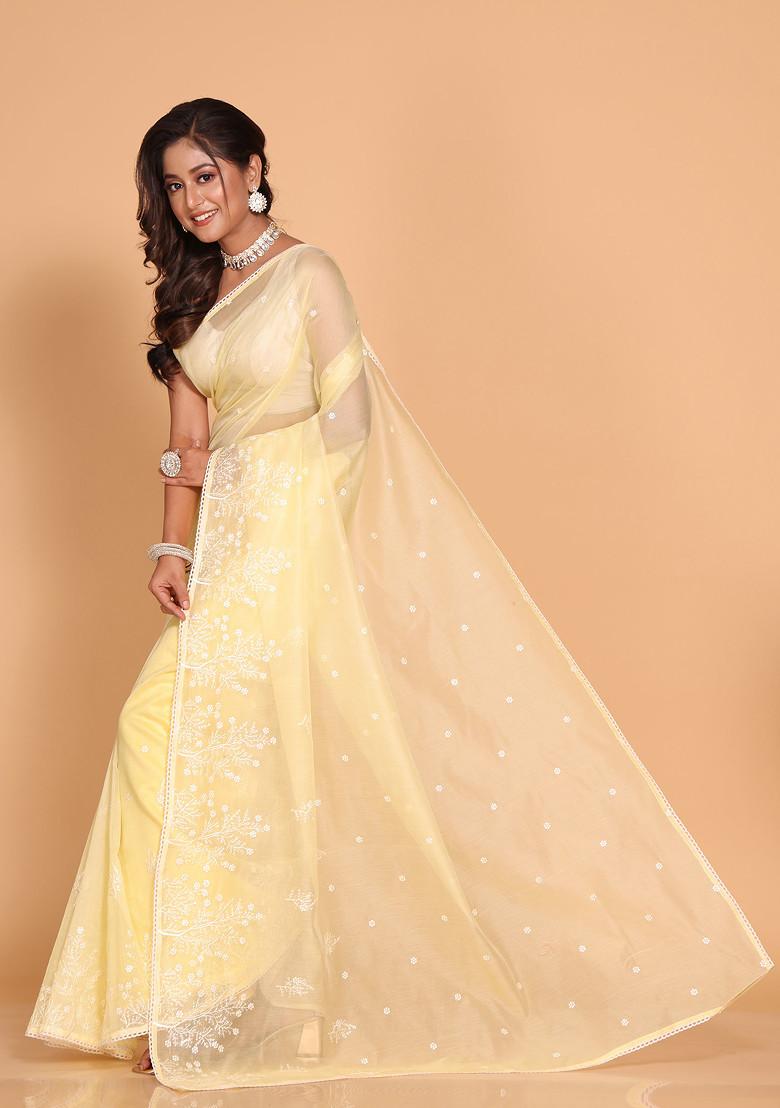 Yellow Embroidered Cotton Net Saree Set