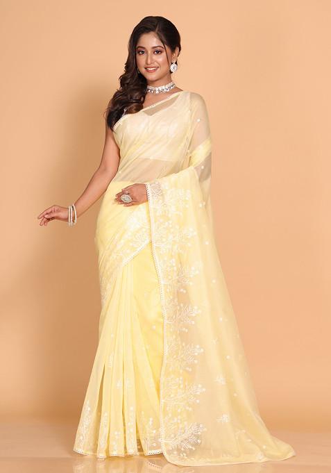 Yellow Embroidered Cotton Net Saree Set