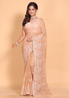 Brown Embroidered Cotton Net Saree Set