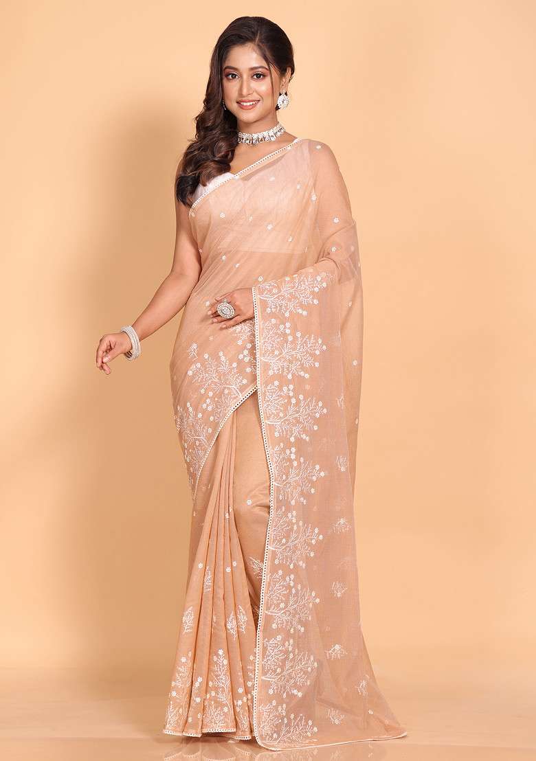 Brown Embroidered Cotton Net Saree Set for Diwali and Festive Wear - Indya