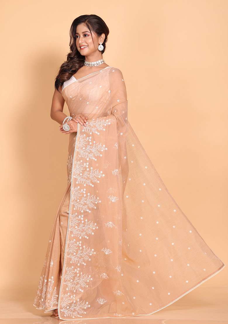 Brown Embroidered Cotton Net Saree Set for Diwali and Festive Wear - Indya