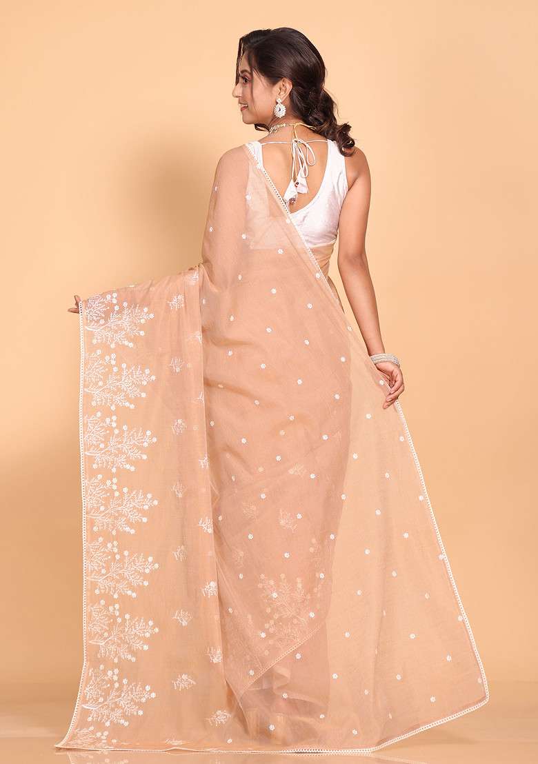 Brown Embroidered Cotton Net Saree Set for Diwali and Festive Wear - Indya