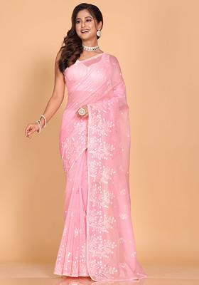 Pink Embroidered Cotton Net Saree Set