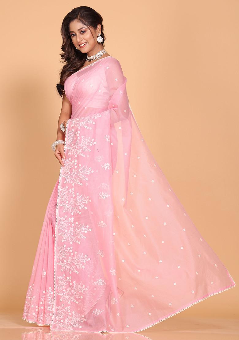 Pink Embroidered Cotton Net Saree Set