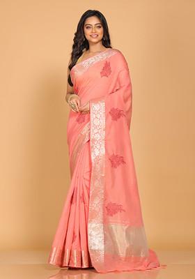 Peach Embroidered Cotton Chanderi Saree Set