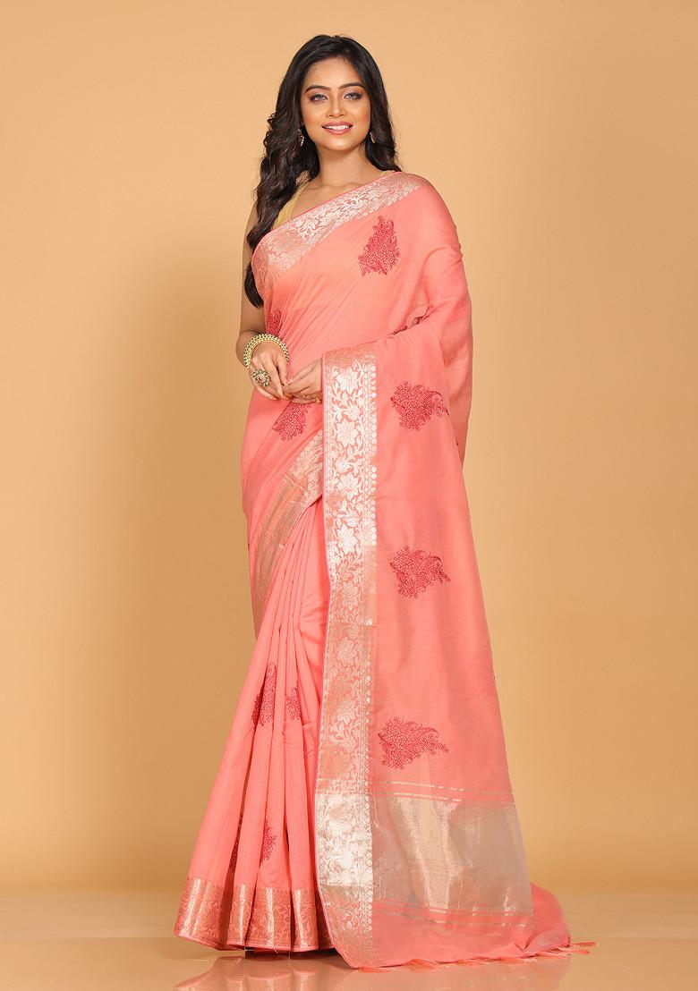 Peach Embroidered Cotton Chanderi Saree Set