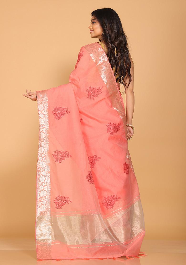 Peach Embroidered Cotton Chanderi Saree Set