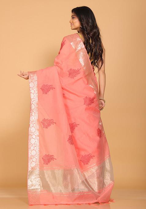 Peach Embroidered Cotton Chanderi Saree Set