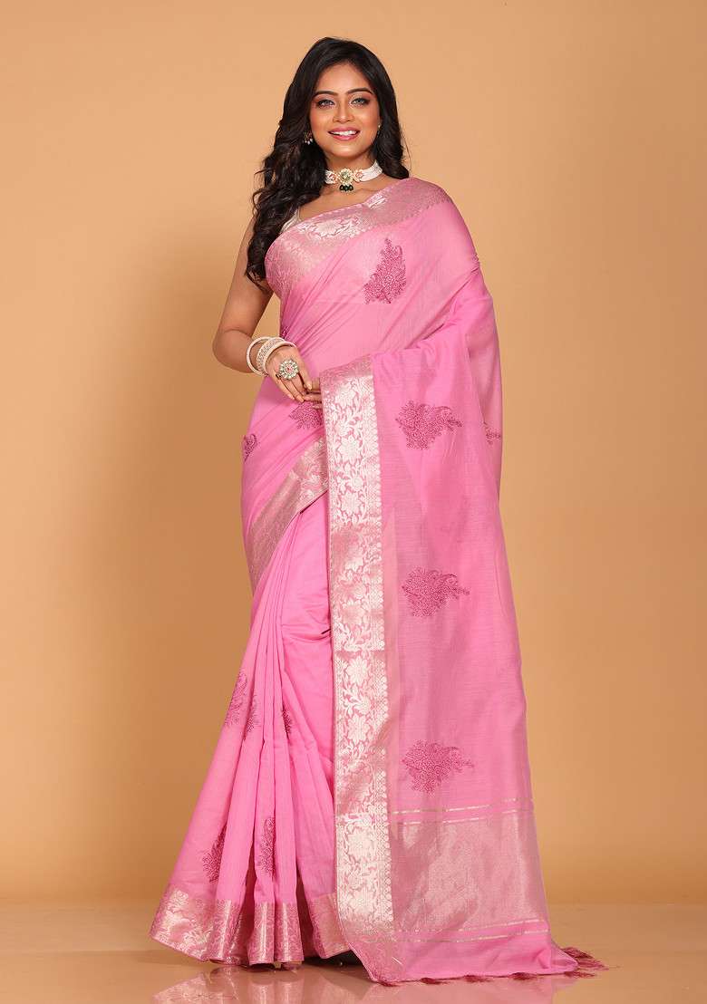 Pink Embroidered Cotton Net Saree Set - Indya