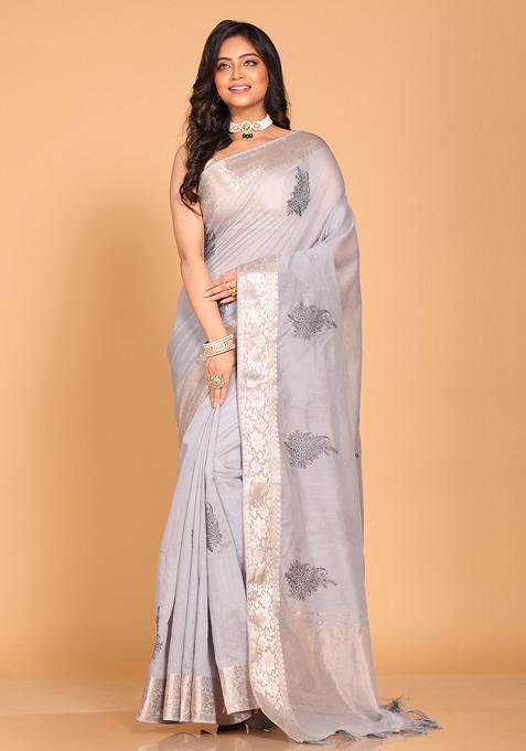 Grey Embroidered Cotton Chanderi Saree Set