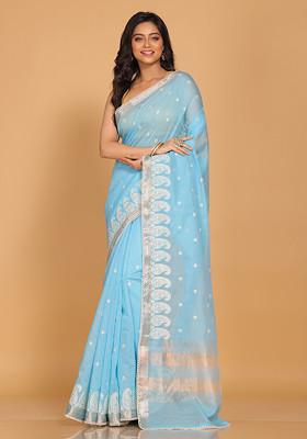 Blue Embroidered Cotton Chanderi Saree Set