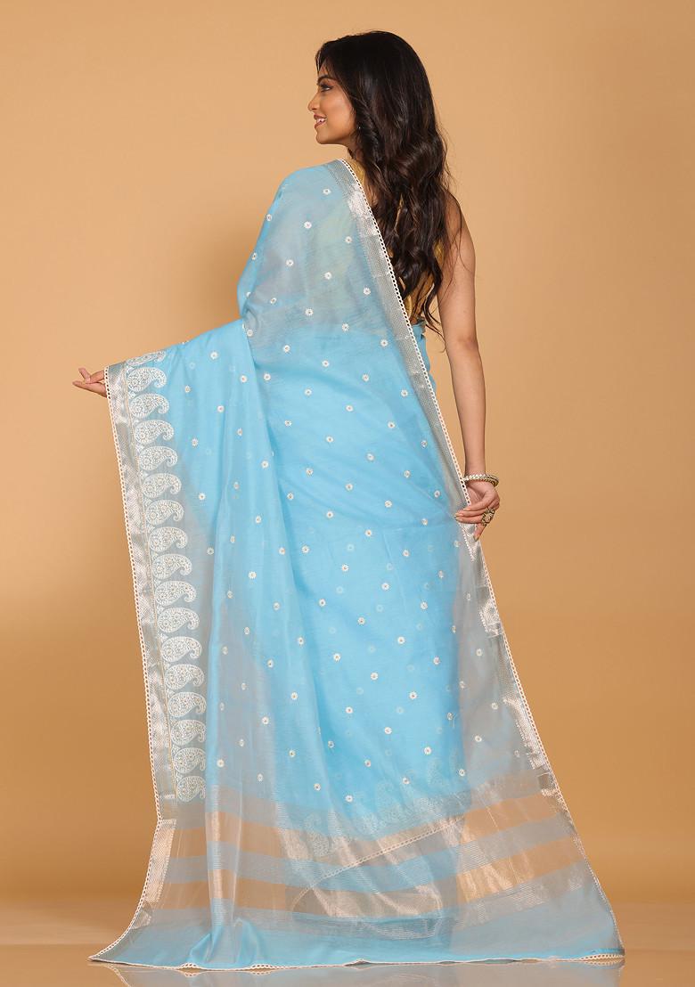 Blue Embroidered Cotton Chanderi Saree Set