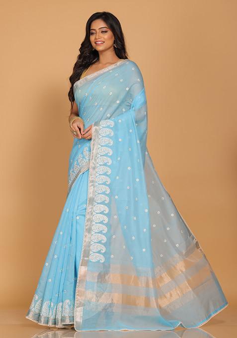 Blue Embroidered Cotton Chanderi Saree Set
