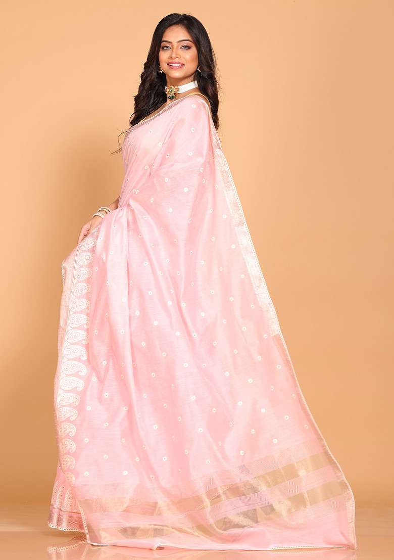 Pink Embroidered Cotton Chanderi Saree Set - Indya