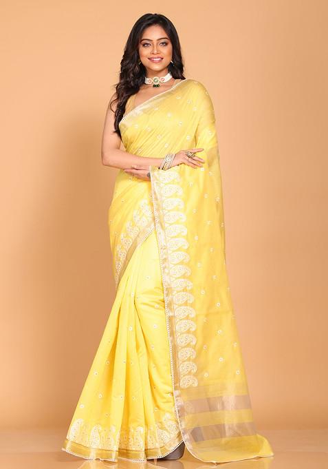 Yellow Embroidered Cotton Chanderi Saree Set