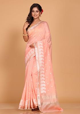 Peach Embroidered Chanderi Cotton Saree Set