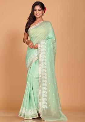 Green Embroidered Cotton Chanderi Saree Set