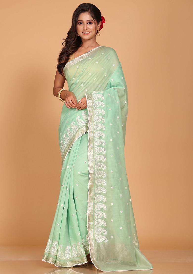 Green Embroidered Cotton Chanderi Saree Set