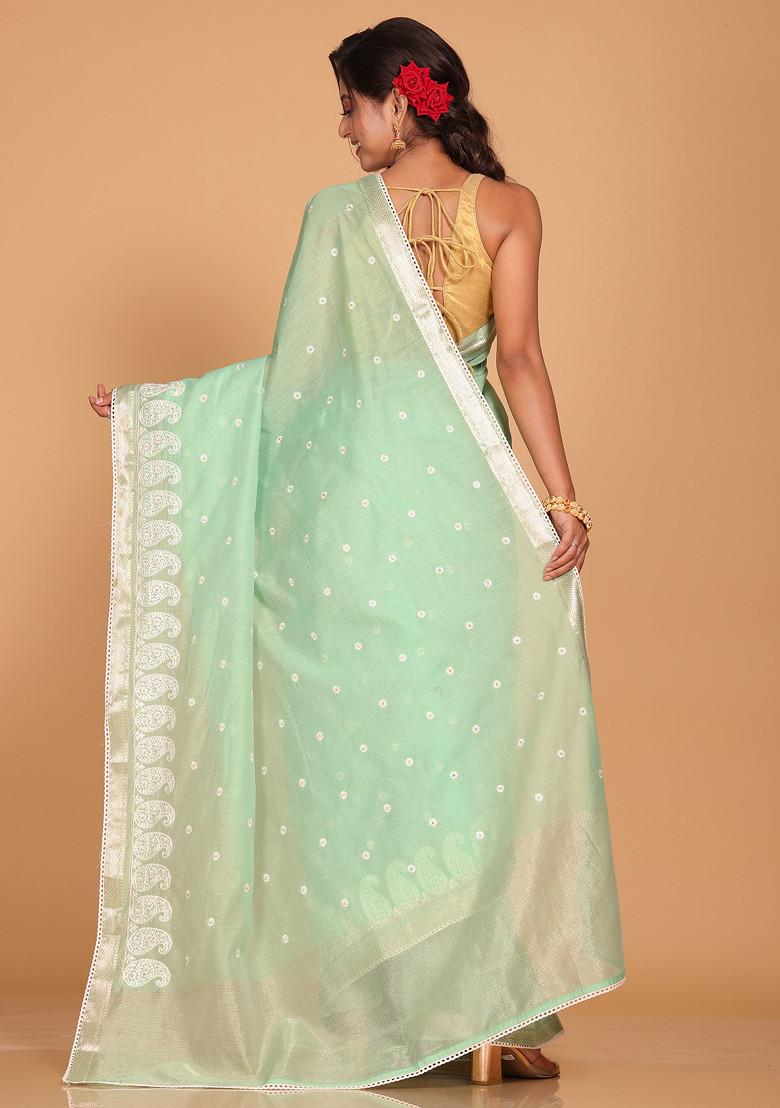 Green Embroidered Cotton Chanderi Saree Set