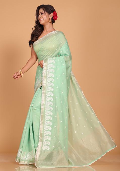 Green Embroidered Cotton Chanderi Saree Set