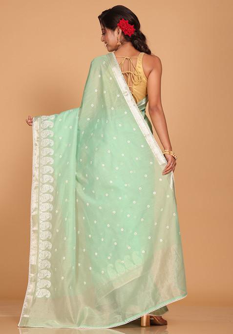 Green Embroidered Cotton Chanderi Saree Set