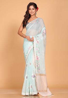 Sea Green Embroidered Striped Cotton Saree Set