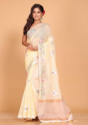 Yellow Embroidered Striped Cotton Saree Set 