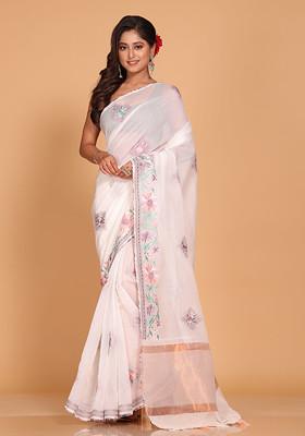 White Embroidered Striped Cotton Saree Set