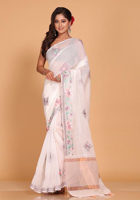 White Embroidered Striped Cotton Saree Set