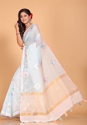 Sky Blue Embroidered Striped Cotton Saree Set