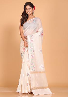 Light Yellow Embroidered Striped Cotton Saree Set