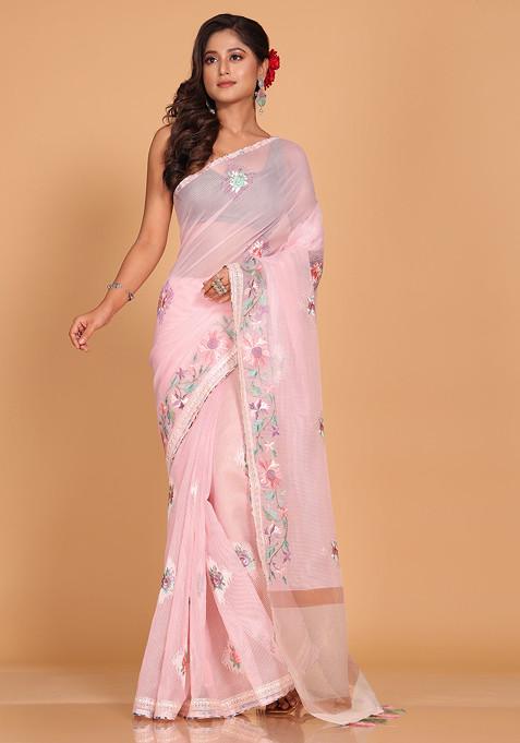 Pink Embroidered Striped Cotton Saree Set