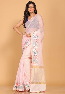 Pink Embroidered Striped Saree Set