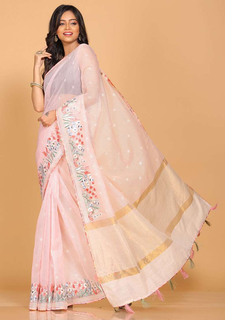 Pink Striped Saree Set with Embroidered for Diwali | Wedding & Festive Wear - Indya