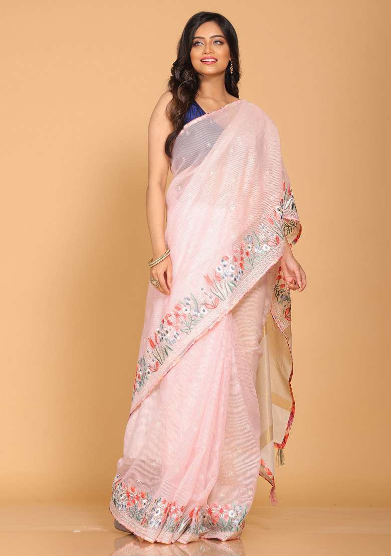 Pink Striped Saree Set with Embroidered for Diwali | Wedding & Festive Wear - Indya