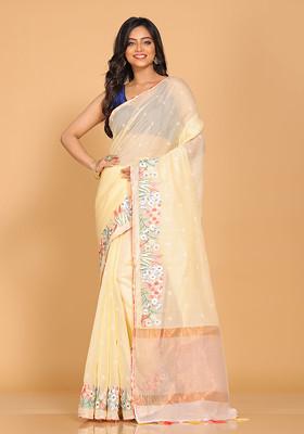 Yellow Embroidered Striped Cotton Saree Set